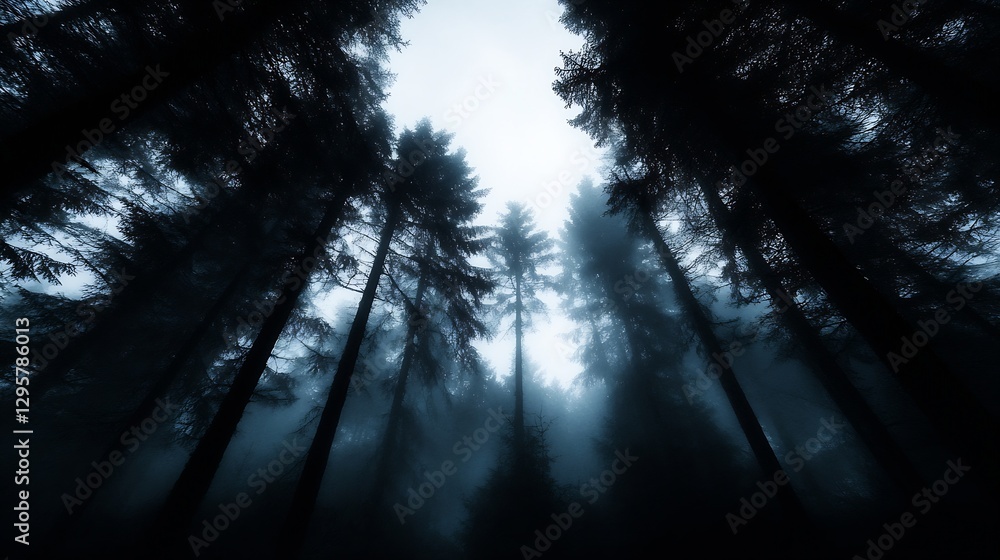 Poster Mysterious silhouette of tall trees creating an eerie atmosphere in a foggy forest : Generative AI