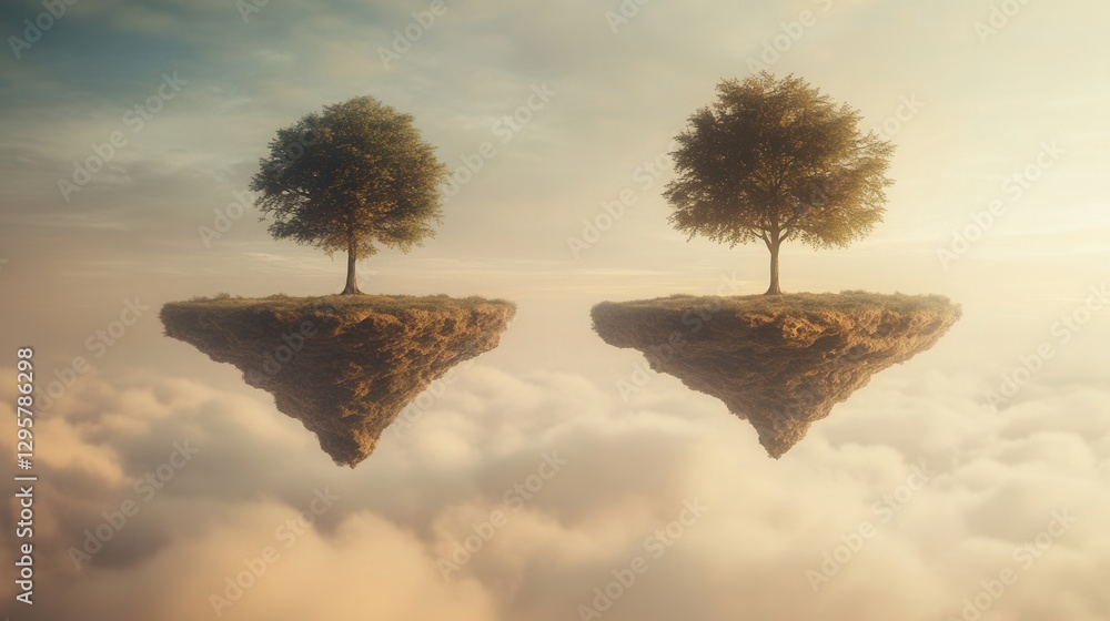 Poster dreamlike scenery with two floating trees above soft clouds in surreal landscape under gentle light