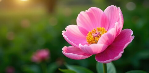 Pink peony with prominent yellow stamens against a natural background, blossoms, flowers, spring blooms