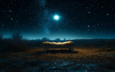 Obraz premium Outdoor Nativity Display with Starry Sky and Wooden Manger