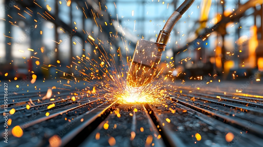 Poster macro shot capturing the intense heat glowing metal and dramatic spark distortion of the welding tip