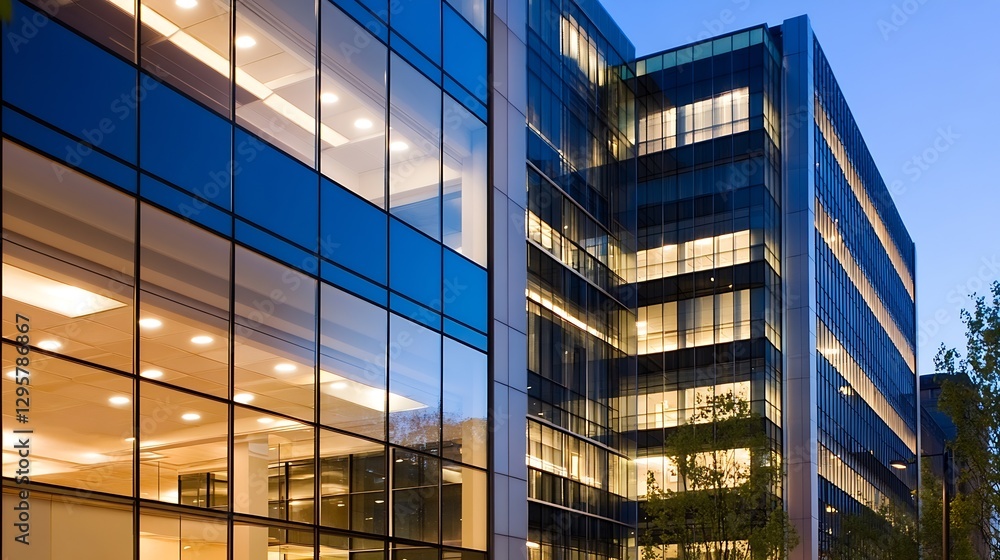 Aufkleber Modern Office Building Architecture with Glass Facade at Dusk : Generative AI