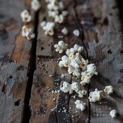 Naklejka premium Captivating Close-up of Fluffy Popcorn on Rustic Wooden Surface
