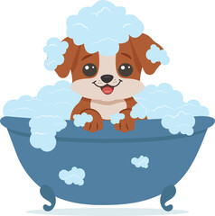 A cute puppy taking a bath full of soap foam. 
The puppy is sitting in a tub filled with foamy bubbles. Vector Illustration