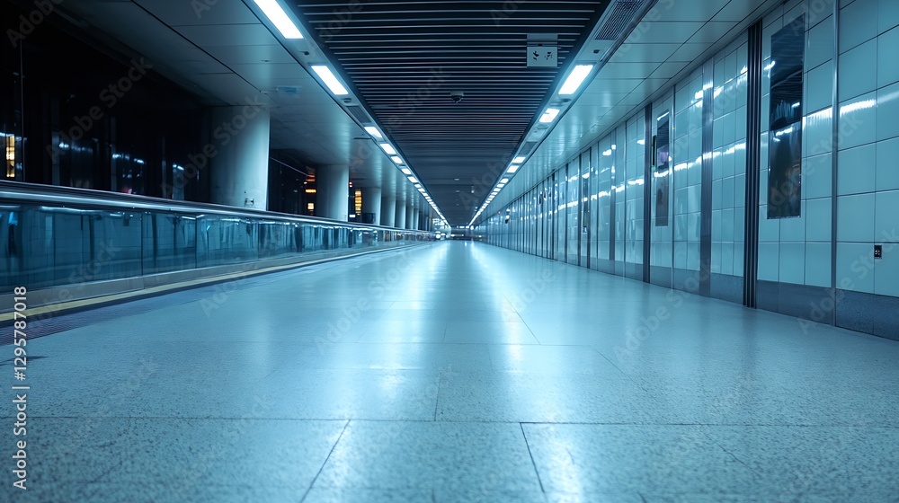 Poster spacious and modern subway walkway illuminated by blue lighting creating a futuristic urban atmosphe