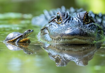 Fototapeta premium A close encounter in nature featuring a turtle and an alligator in calm water, showcasing the beauty and tension of wildlife interactions in a serene environment