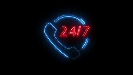 Glowing neon line Telephone 24 hours support icon isolated on black background. 24 Hours Support all customer care icon isolated. All day customer support call-center.4K Video motion graphic animation