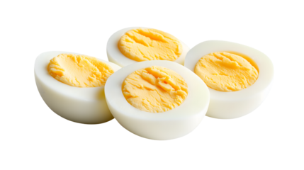 Close up of perfectly halved hard boiled eggs ideal for healthy eating blogs recipe websites and food packaging design
