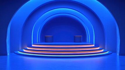 Naklejka premium Neon archway stage, illuminated, podium, empty