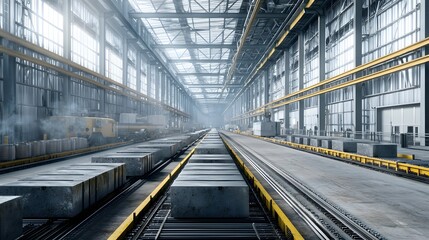 Obraz premium Metal ingots cooling on a conveyor belt after being cast in a continuous casting process in an industrial factory warehouse