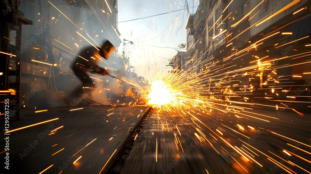 Poster motion blurred capture of flying sparks with a welder working in the background depicting the intens