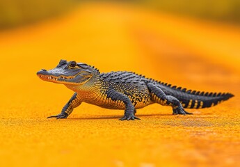 Naklejka premium A Close-Up of a Young Caiman Walking on a Vibrant Orange Road with a Smooth Texture in the Lush Surroundings of a Tropical Environment