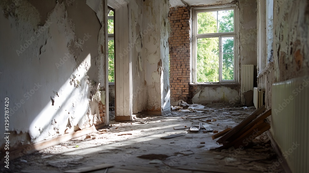 Aufkleber abandoned and dilapidated room with broken walls and natural light streaming through windows : gener