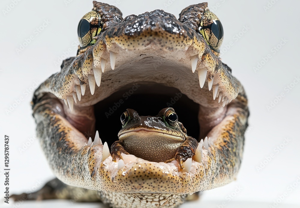 Poster a close-up view of a large crocodile with a smaller frog peeking out from its open mouth in a unique