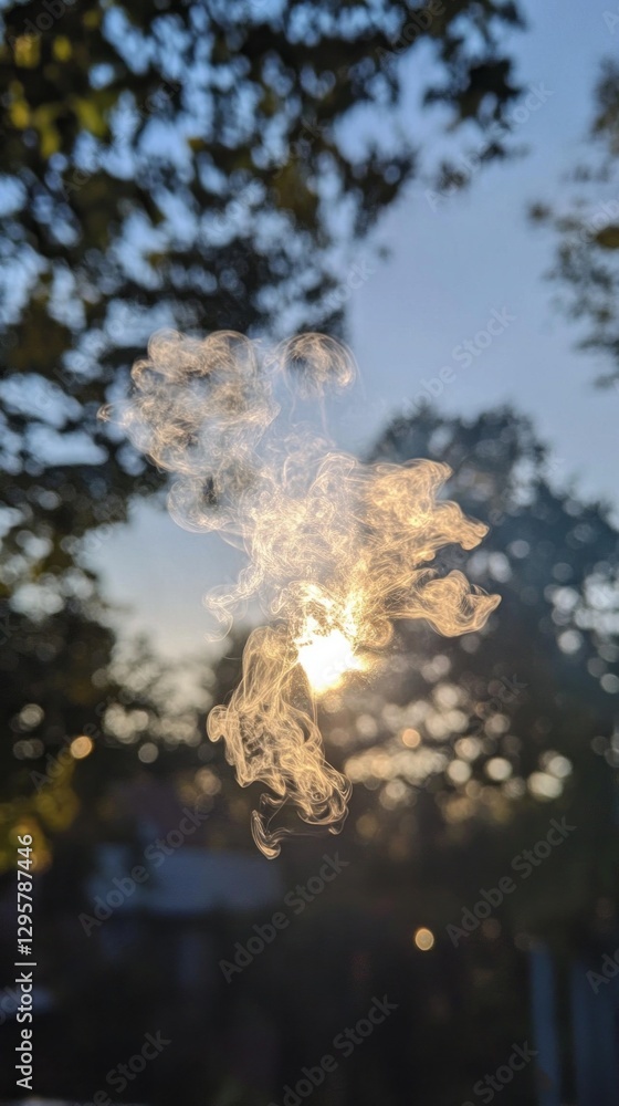 Poster delicate tendrils of smoke weave through sunlight, creating ethereal patterns against the backdrop o
