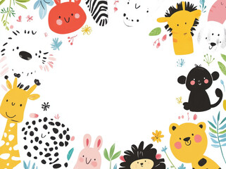 Cute cartoon animals including giraffes, lions, and rabbits surround blank space, perfect for children invitations or decorations. playful design adds cheerful touch