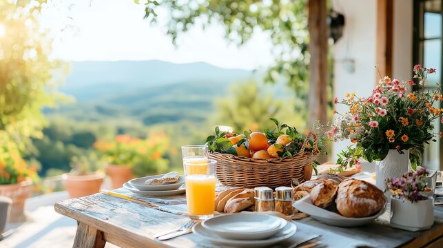 Enjoying a sunlit breakfast on a terrace overlooking lush hills and a fruitful garden. Generative AI