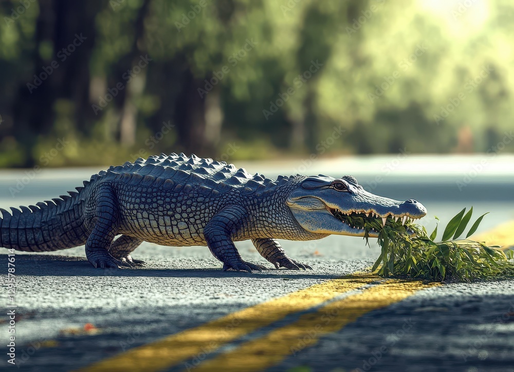 Poster a close-up view of a realistic alligator crawling on a roadside surrounded by greenery and lush tree