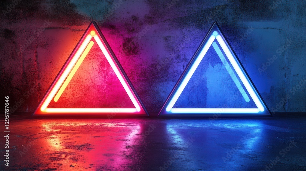 Poster bright neon triangular shapes with vibrant colors and reflections on dark grungy background for crea