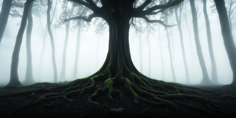 Giant tree with sprawling roots covered in moss, standing alone in a mystical foggy forest