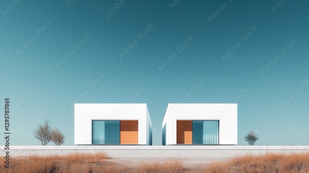 Poster modern minimalist architecture in a serene landscape featuring two stylish white houses with angular