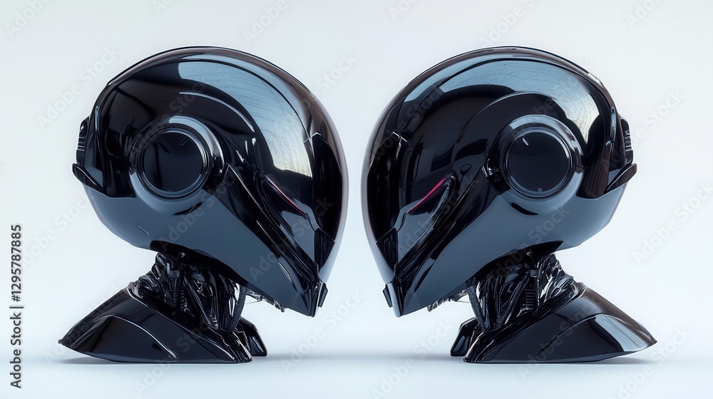 Aufkleber futuristic black robot heads facing each other with glossy finish and intricate design details in a 