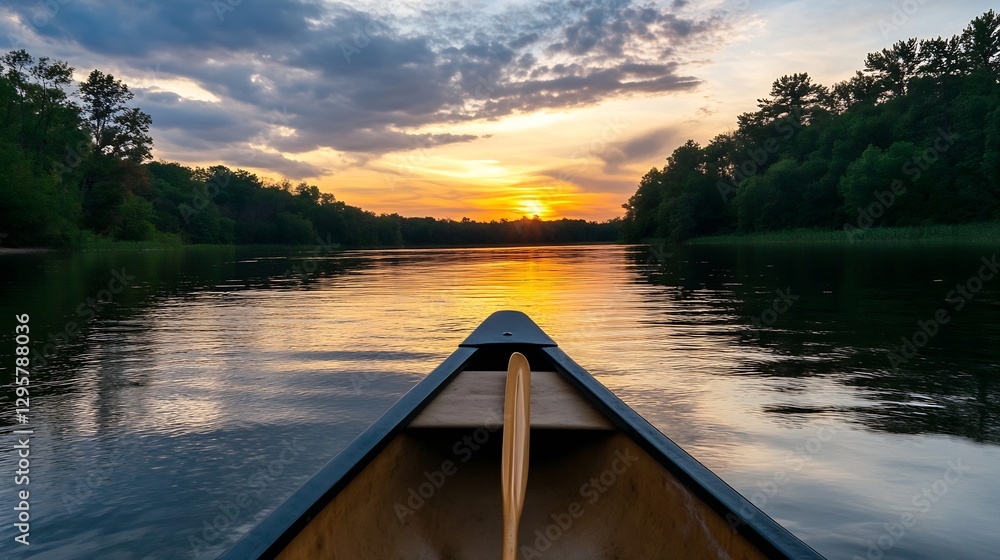 Poster peaceful sunset view from canoe on a still lake with stunning reflections : generative ai