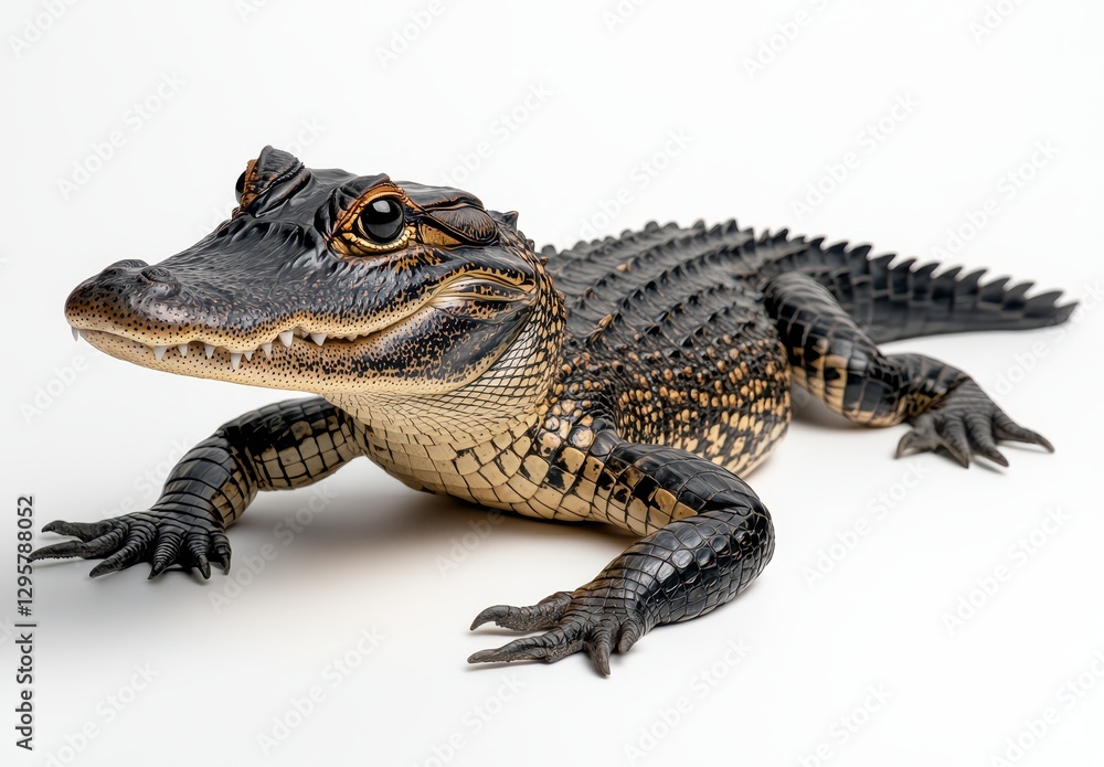 Poster a close-up view of an alligator on a white background, showcasing unique textures and details of its