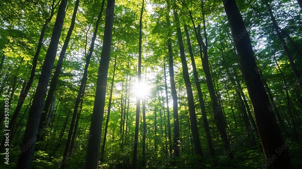Poster Sunlight Peeking Through Lush Green Trees in a Dense Forest During Daylight Hours : Generative AI