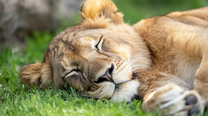 Sleeping Lioness with Closed Eyes Resting on Lush Green Grass in Natural Habitat : Generative AI