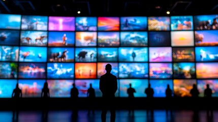 Silhouetted figures viewing large digital displays of nature and people