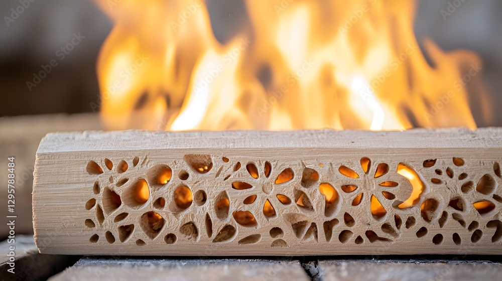 Poster photo of a log with an intricate detailed carving being consumed by captivating flames that illumina