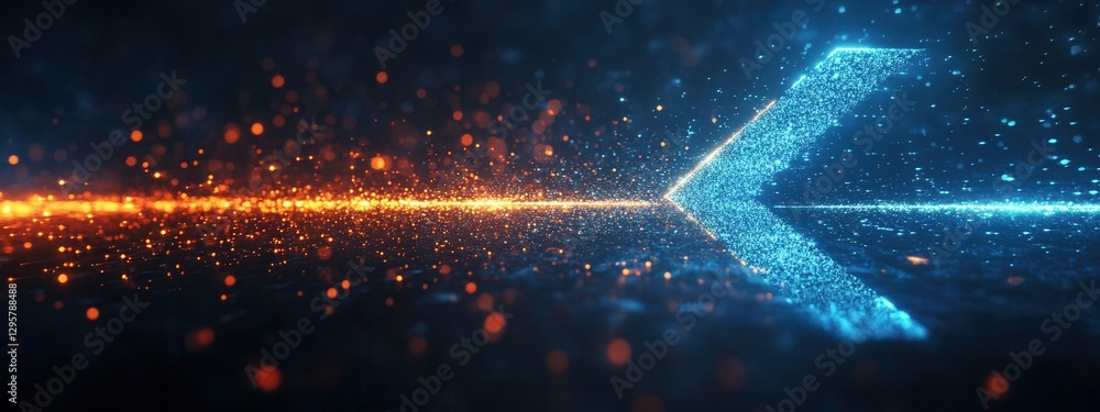 Poster abstract digital background with glowing particles and arrows in blue and orange colors for technolo