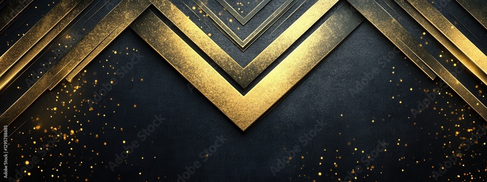 Poster luxurious gold and black abstract background featuring layered shapes with sparkling particles, idea