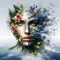 Surreal Nature Goddess Face with Floral and Elemental Fusion with Generative AI.