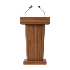 Wooden podium with microphones for public speaking, presentations, and conferences