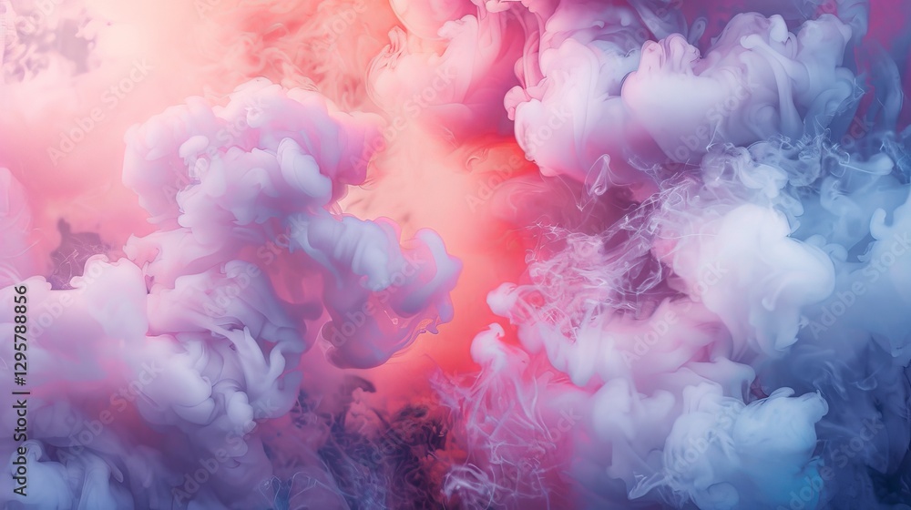 Poster surreal swirling vapor forming puffy cumulus clouds in a dreamy, transparent haze with subtle neon r