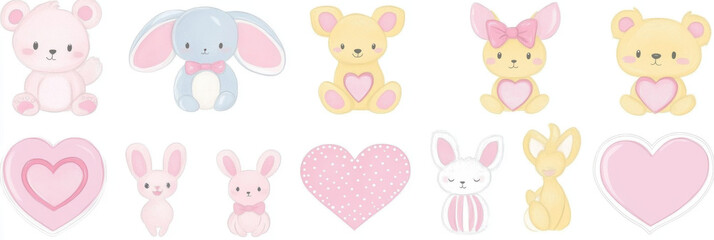 Obraz premium Cute cartoon animals and hearts in pastel colors, featuring bear, bunny, and other adorable characters. Perfect for children decor or playful designs
