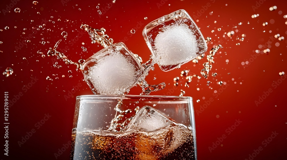 Poster Photograph Capturing the Collision of Two Ice Cubes in a Glass of Fizzing Soda Creating a Dynamic Splash and Bubble Explosion Effect