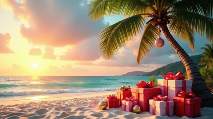 Obraz premium Tropical Sunset Celebration Festive Gifts Adorn Sandy Shore Under Palm Tree at Golden Hour