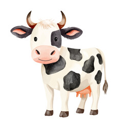 Cute cow in watercolor style. Hand drawn farm animals. Watercolor cow