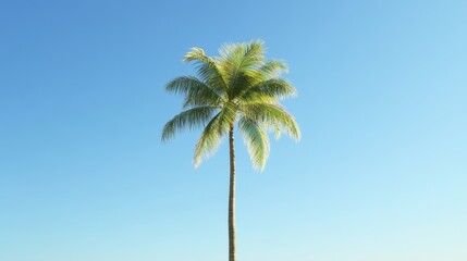 Fototapeta premium Lone palm tree with vibrant green foliage against a clear blue sky, ideal for tropical beach scenes