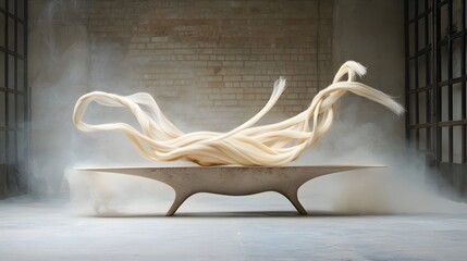 representation of hair being braided into an elaborate sculptural shape with a dynamic flowing form and a modern conceptual aesthetic  The image has a moody