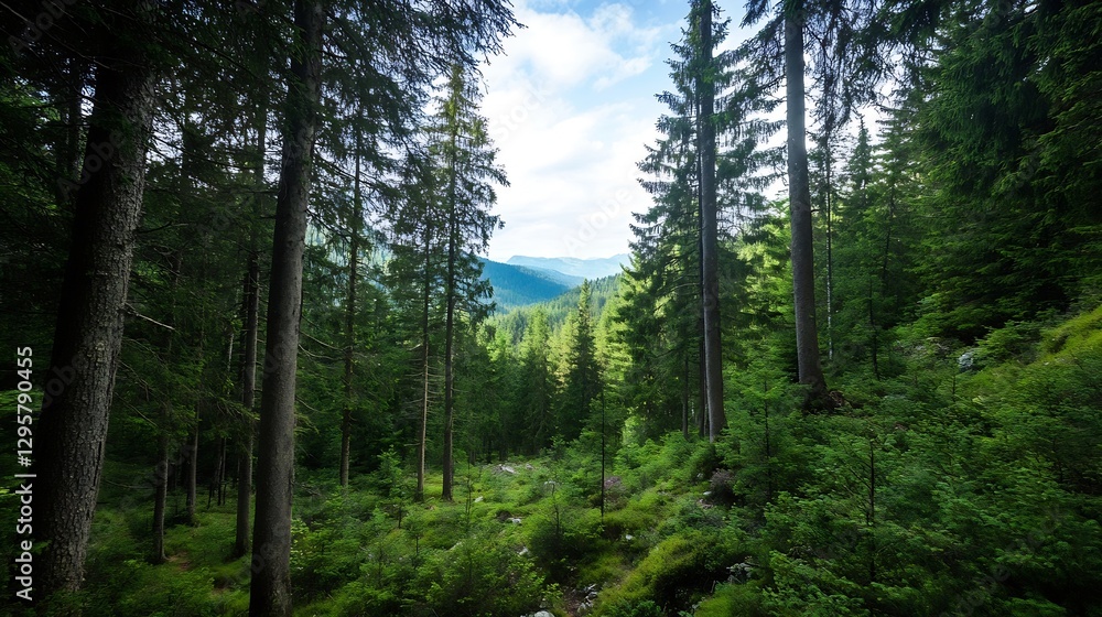 Poster breathtaking view of dense forest filled with lush trees and sunlight : generative ai