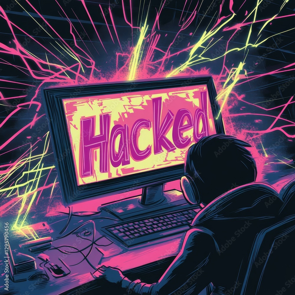 Aufkleber cyberpunk hacking scene: a lone figure faces a hacked computer with neon lights, digital chaos, and 