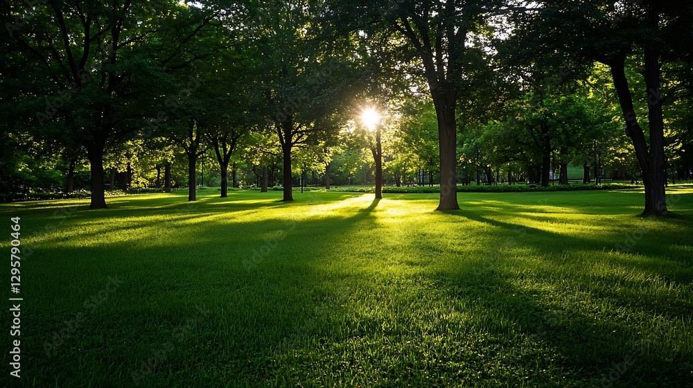 Poster Sunlight streaming through trees illuminating green grass in a tranquil park setting : Generative AI