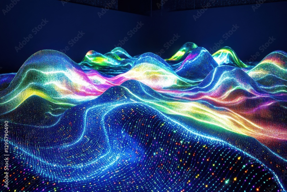 Poster a futuristic 3d image featuring a glowing digital landscape made of multicolored dots and lines