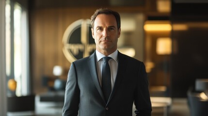 Confident Businessman in Suit Standing in Modern Office With Elegant Interior and Abstract Logo Design in Background