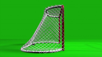 The camera rotates around a hockey puck that flies into the goal slowly and against a green background.