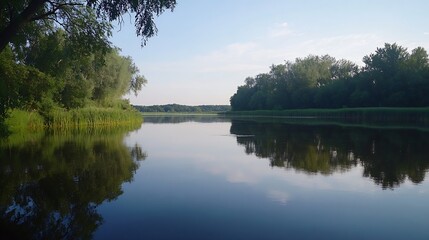 Obraz premium Tranquil River Landscape Reflecting Trees and Blue Sky on a Calm Summer Day : Generative AI